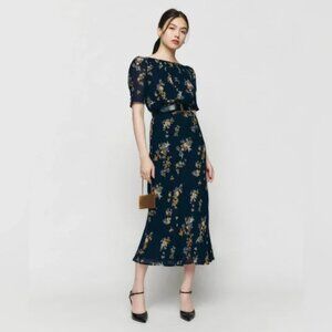 Reformation Navy Floral Puff-Sleeve Midi Dress